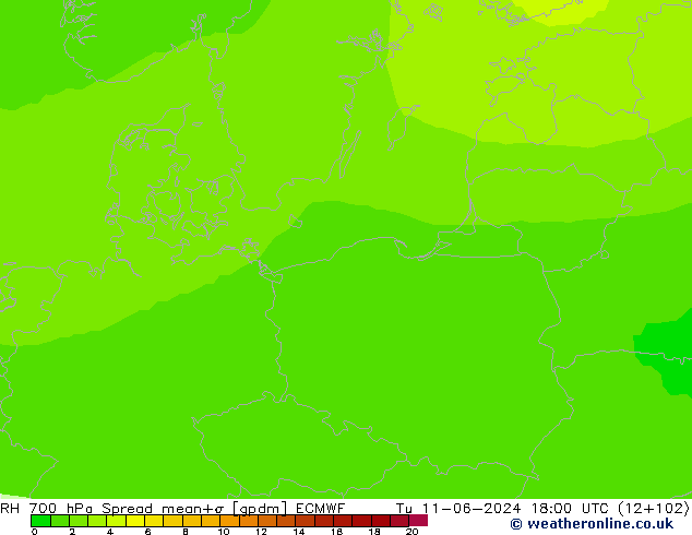 Humidité rel. 700 hPa Spread ECMWF mar 11.06.2024 18 UTC