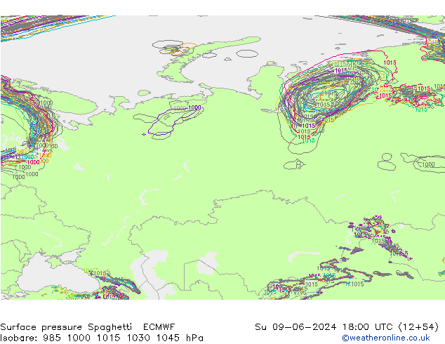 Presión superficial Spaghetti ECMWF dom 09.06.2024 18 UTC