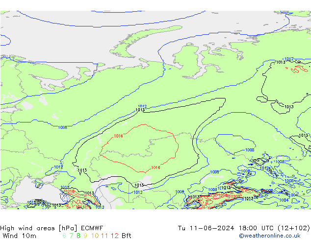 High wind areas ECMWF Út 11.06.2024 18 UTC