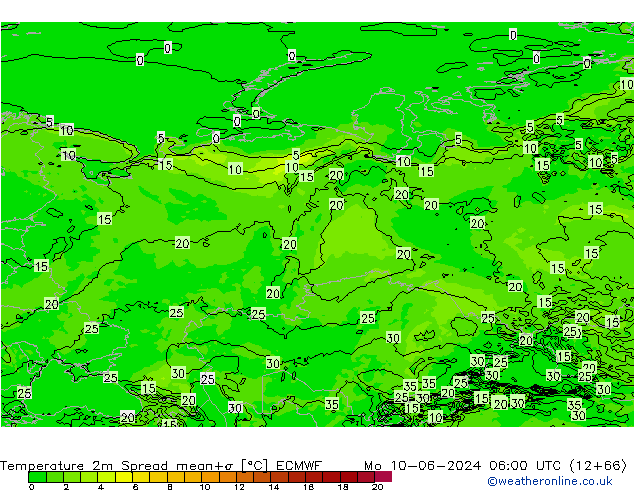 Temperature 2m Spread ECMWF Po 10.06.2024 06 UTC