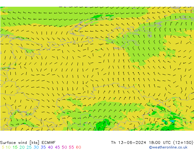 Surface wind ECMWF Čt 13.06.2024 18 UTC