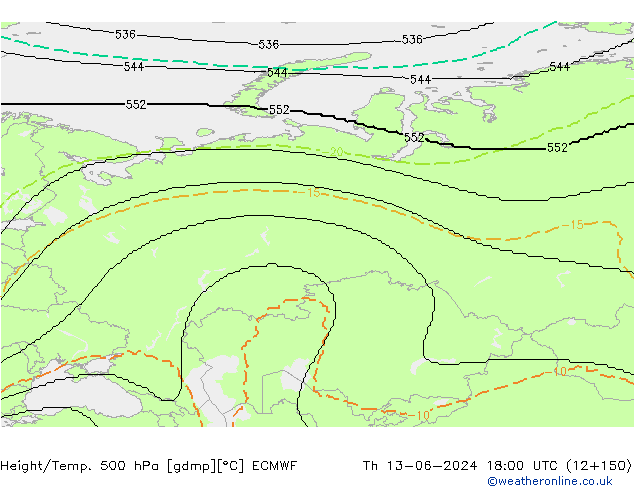 Height/Temp. 500 hPa ECMWF Čt 13.06.2024 18 UTC