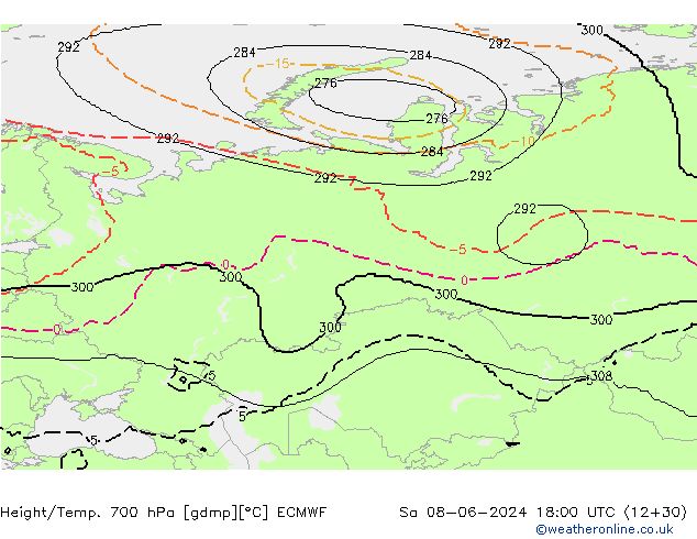 Height/Temp. 700 гПа ECMWF сб 08.06.2024 18 UTC