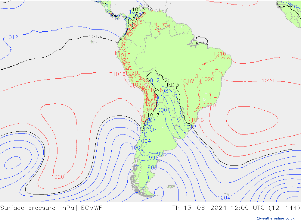 Surface pressure ECMWF Th 13.06.2024 12 UTC