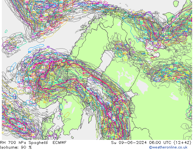 RH 700 hPa Spaghetti ECMWF  09.06.2024 06 UTC