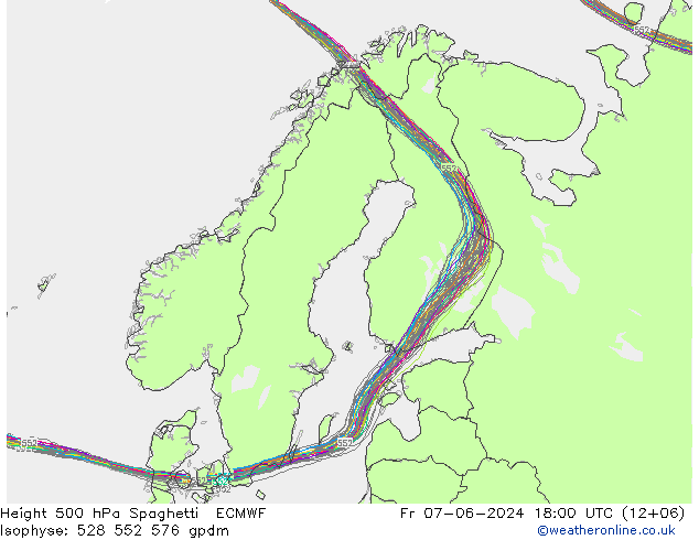 Height 500 hPa Spaghetti ECMWF ven 07.06.2024 18 UTC