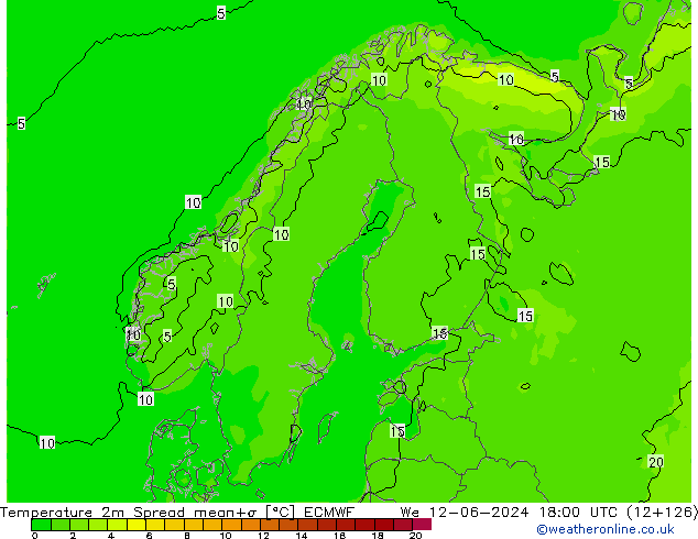 Temperatura 2m Spread ECMWF mer 12.06.2024 18 UTC