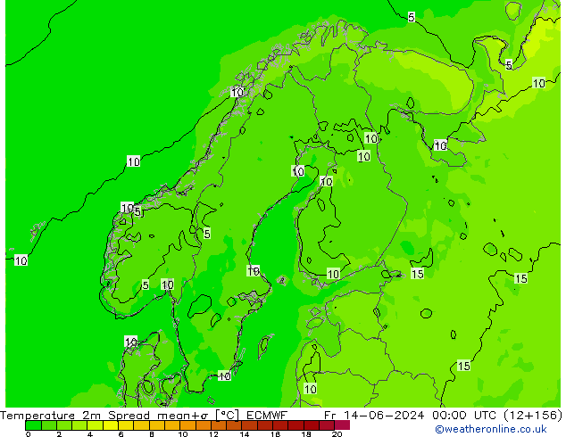 Temperatuurkaart Spread ECMWF vr 14.06.2024 00 UTC