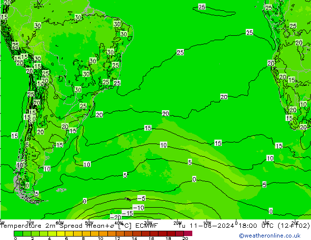 Temperature 2m Spread ECMWF Út 11.06.2024 18 UTC