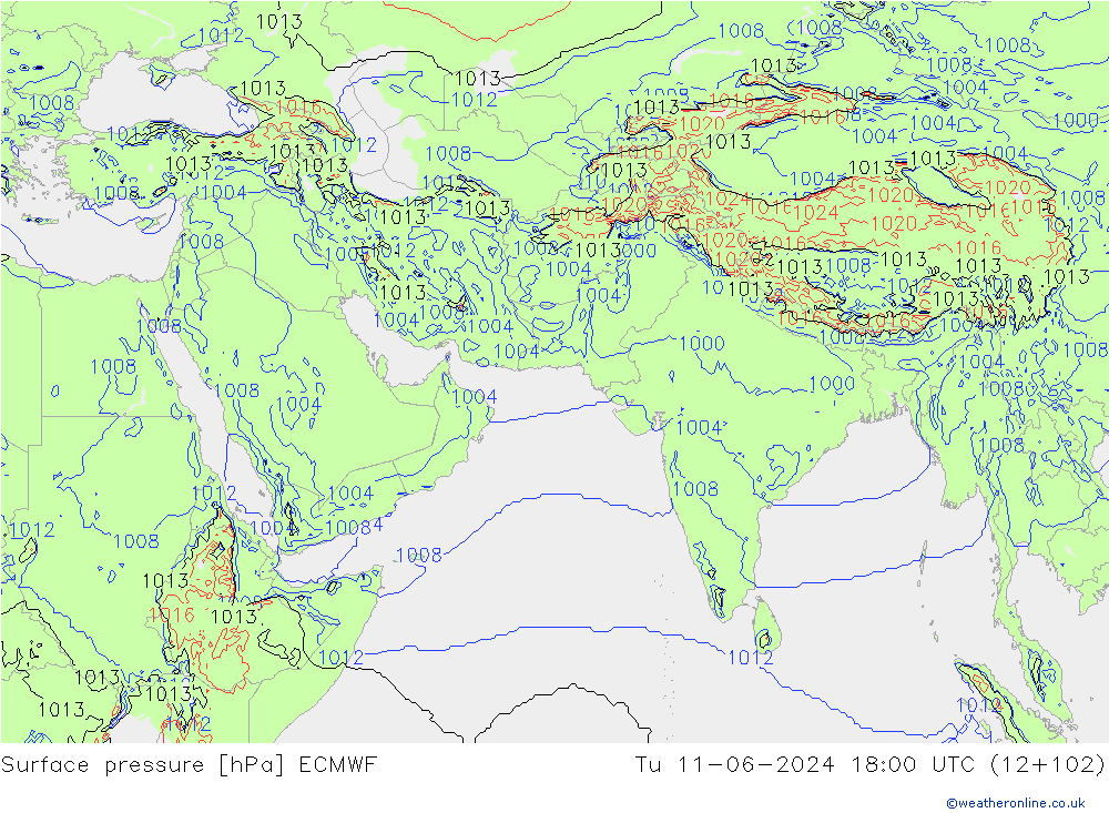 Surface pressure ECMWF Tu 11.06.2024 18 UTC