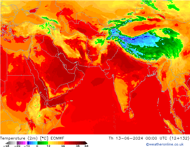 Temperatuurkaart (2m) ECMWF do 13.06.2024 00 UTC