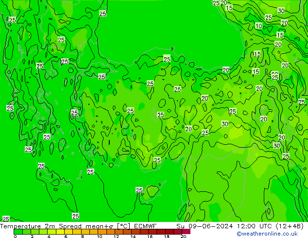 Temperatura 2m Spread ECMWF dom 09.06.2024 12 UTC