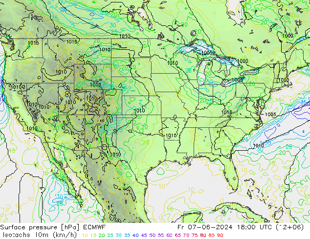 Isotachs (kph) ECMWF  07.06.2024 18 UTC