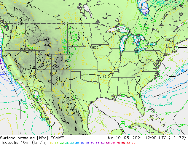 Isotaca (kph) ECMWF lun 10.06.2024 12 UTC