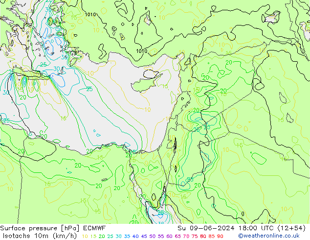 Izotacha (km/godz) ECMWF nie. 09.06.2024 18 UTC