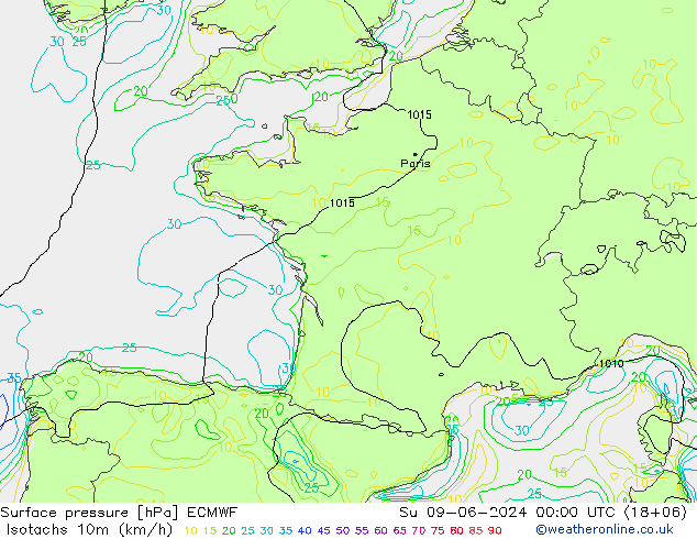 Isotachen (km/h) ECMWF zo 09.06.2024 00 UTC