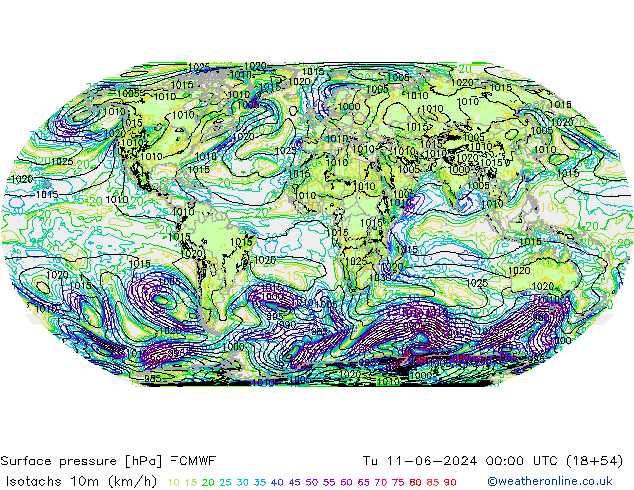 Isotachs (kph) ECMWF Tu 11.06.2024 00 UTC