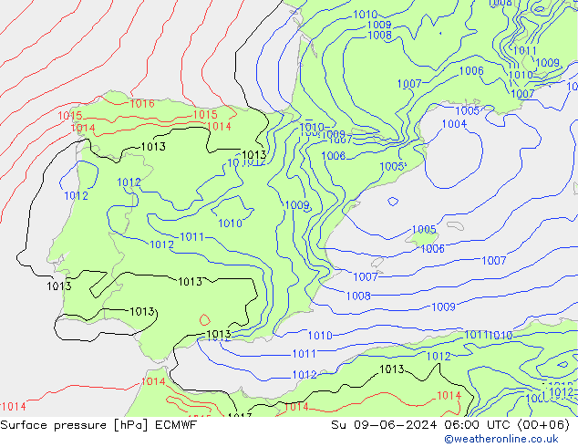 Atmosférický tlak ECMWF Ne 09.06.2024 06 UTC