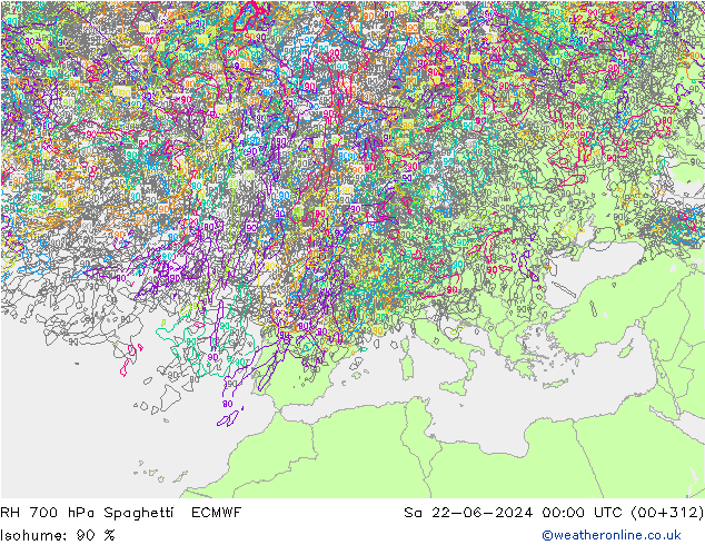 RH 700 hPa Spaghetti ECMWF Sáb 22.06.2024 00 UTC