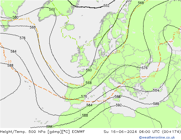 Hoogte/Temp. 500 hPa ECMWF zo 16.06.2024 06 UTC