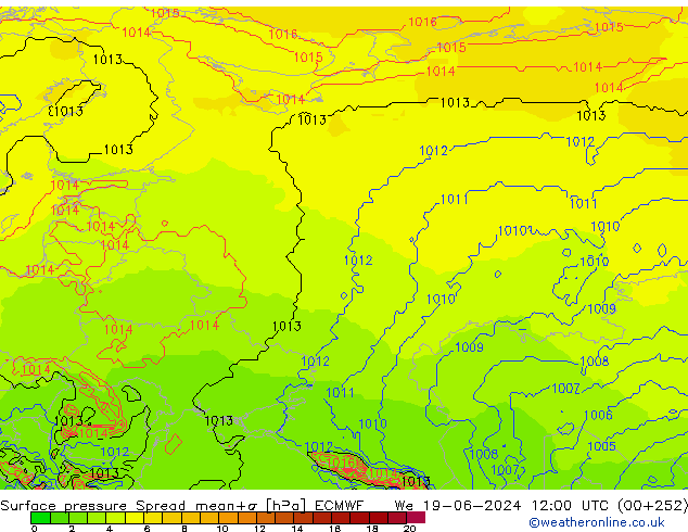 Surface pressure Spread ECMWF We 19.06.2024 12 UTC