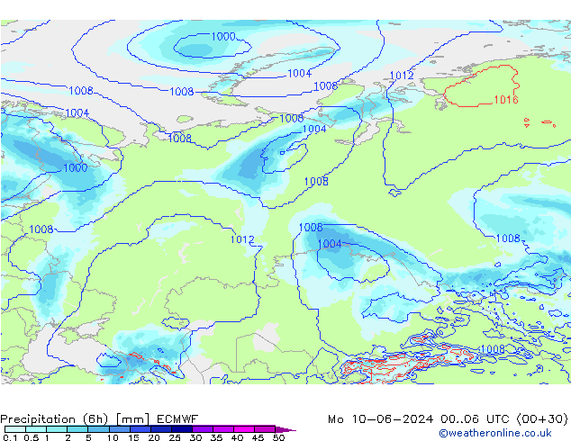 Precipitazione (6h) ECMWF lun 10.06.2024 06 UTC