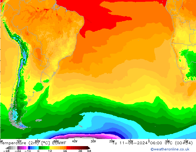 Temperatuurkaart (2m) ECMWF di 11.06.2024 06 UTC