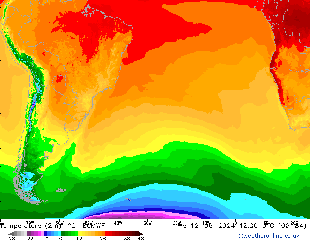 Temperatuurkaart (2m) ECMWF wo 12.06.2024 12 UTC