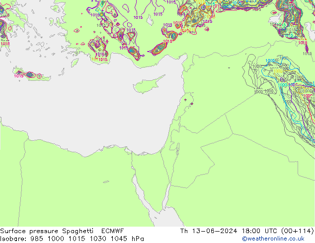 Surface pressure Spaghetti ECMWF Th 13.06.2024 18 UTC