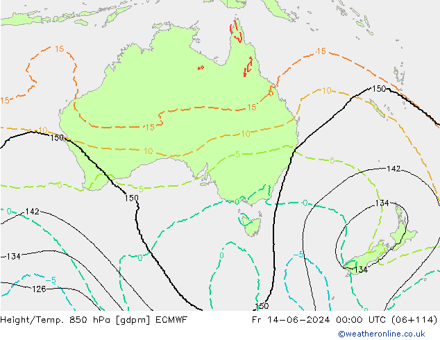 Hoogte/Temp. 850 hPa ECMWF vr 14.06.2024 00 UTC