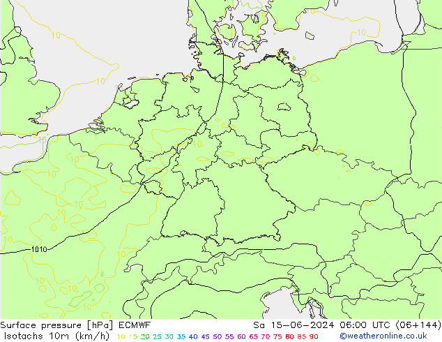 Isotachen (km/h) ECMWF Sa 15.06.2024 06 UTC