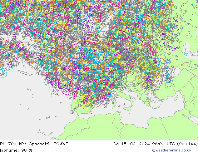 RH 700 гПа Spaghetti ECMWF сб 15.06.2024 06 UTC