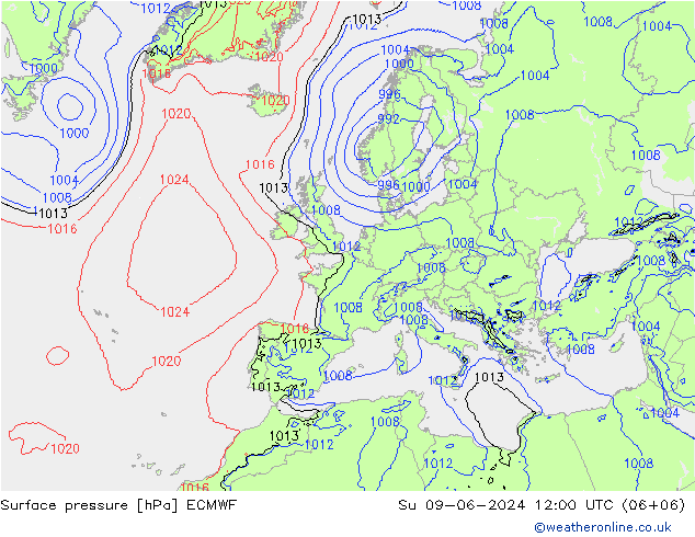 地面气压 ECMWF 星期日 09.06.2024 12 UTC