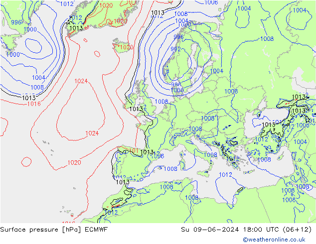 Surface pressure ECMWF Su 09.06.2024 18 UTC