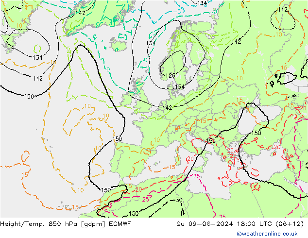 Height/Temp. 850 hPa ECMWF So 09.06.2024 18 UTC