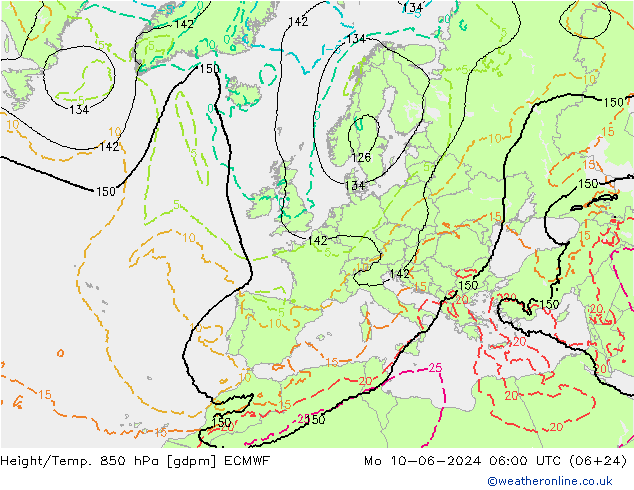 Height/Temp. 850 hPa ECMWF Mo 10.06.2024 06 UTC