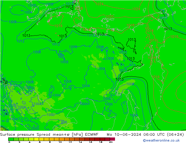 Presión superficial Spread ECMWF lun 10.06.2024 06 UTC