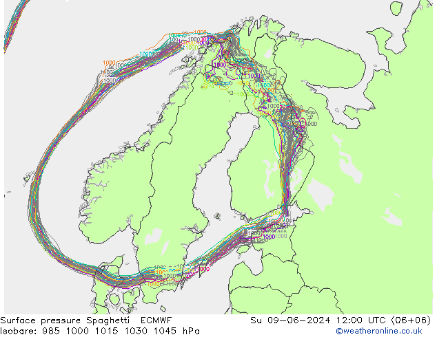 Pressione al suolo Spaghetti ECMWF dom 09.06.2024 12 UTC