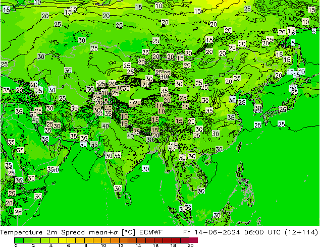 Temperatura 2m Spread ECMWF ven 14.06.2024 06 UTC