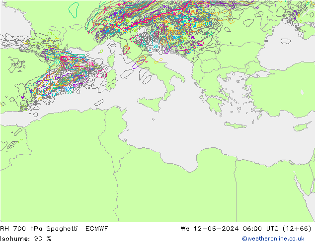 RH 700 hPa Spaghetti ECMWF Mi 12.06.2024 06 UTC