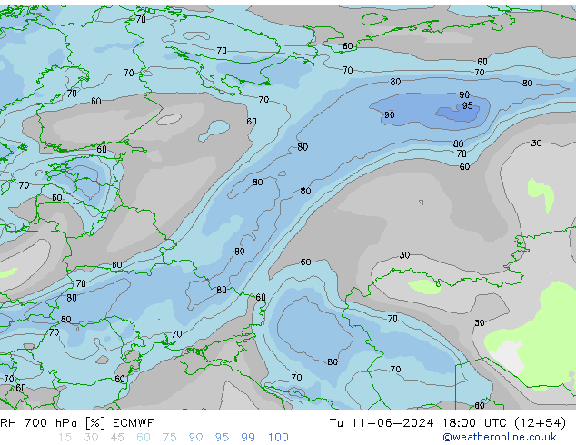 RH 700 hPa ECMWF Tu 11.06.2024 18 UTC