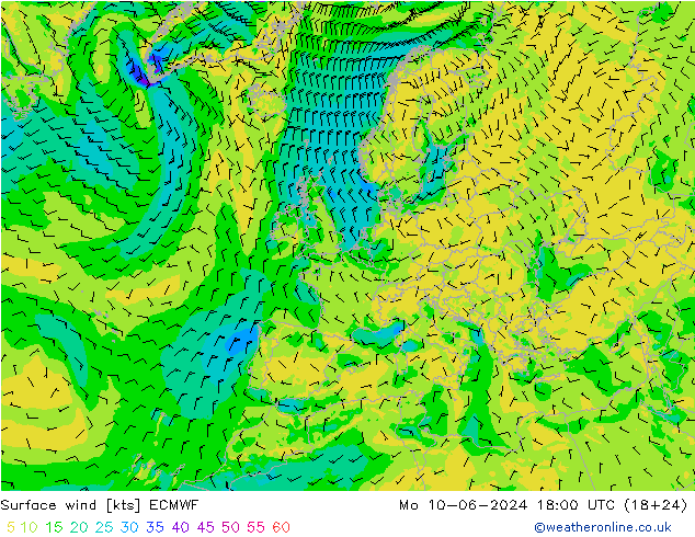 Surface wind ECMWF Mo 10.06.2024 18 UTC