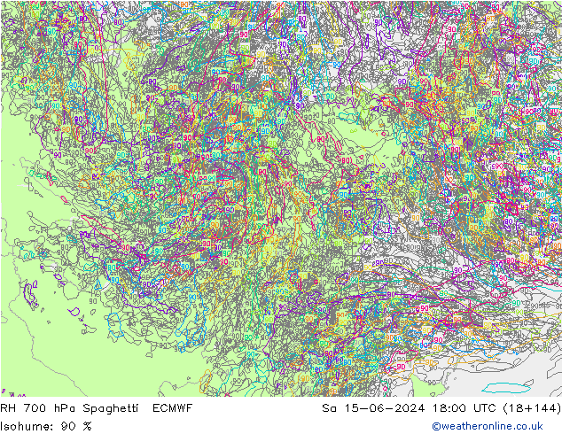 RH 700 hPa Spaghetti ECMWF  15.06.2024 18 UTC
