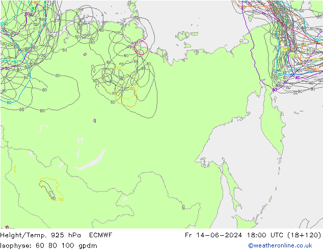 Height/Temp. 925 гПа ECMWF пт 14.06.2024 18 UTC
