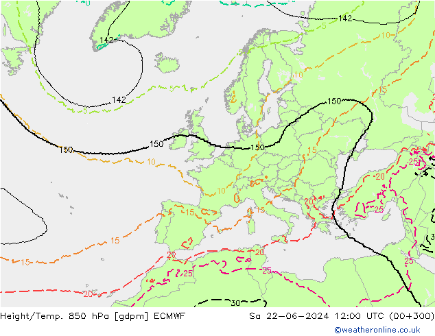 Height/Temp. 850 hPa ECMWF so. 22.06.2024 12 UTC