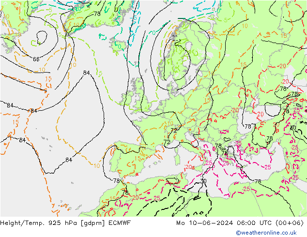Height/Temp. 925 hPa ECMWF pon. 10.06.2024 06 UTC