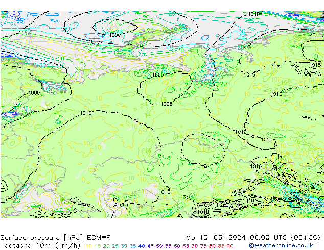 Isotachs (kph) ECMWF Mo 10.06.2024 06 UTC