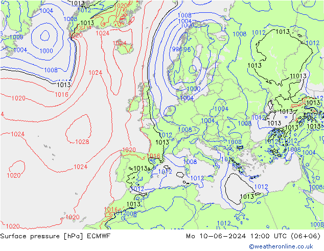Luchtdruk (Grond) ECMWF ma 10.06.2024 12 UTC