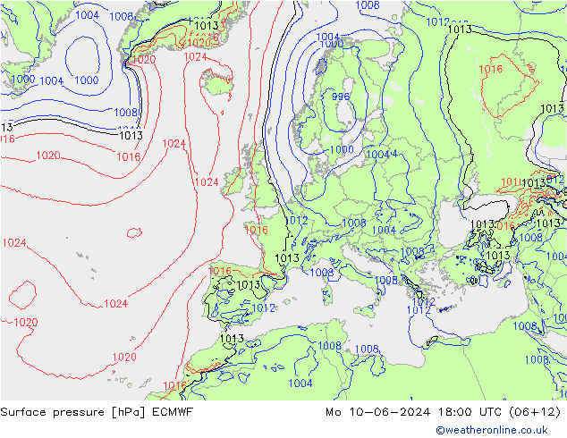 pressão do solo ECMWF Seg 10.06.2024 18 UTC