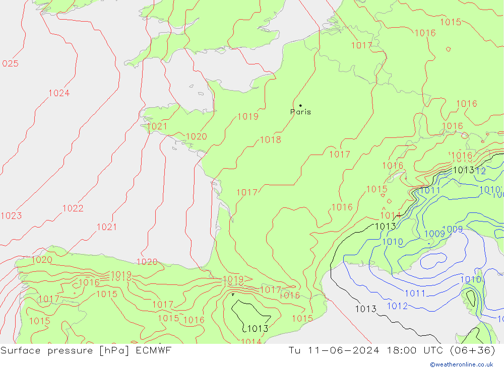 pressão do solo ECMWF Ter 11.06.2024 18 UTC